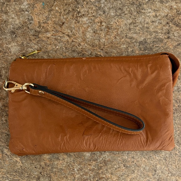 Tory Burch Tan Leather Wristlet with Gold Logo - Picture 2 of 3